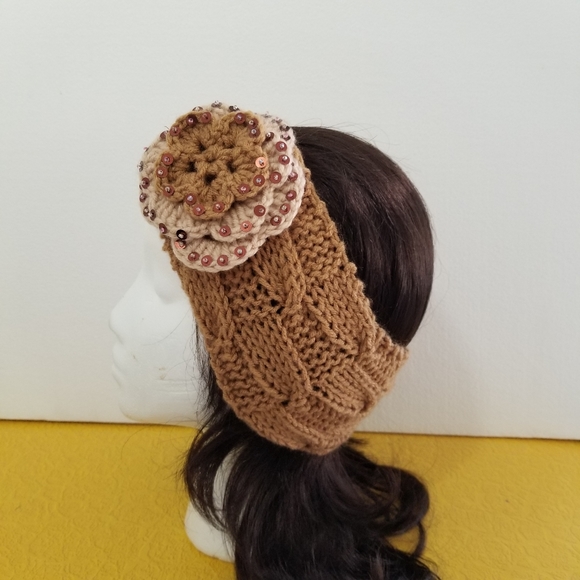 Brown Knit Headband with Cream Flower Accent - Picture 3 of 6